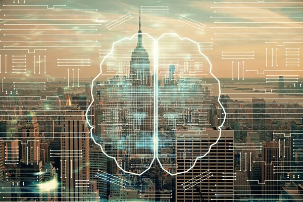 Hjärnhologram ritning på stadsbild bakgrund multi exponering. Ai i moderna stadskoncept. — Stockfoto