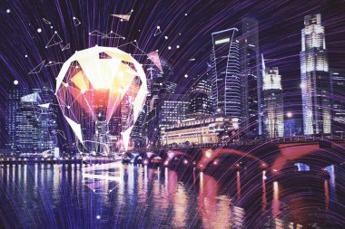 Ampul hologram çizimine ve şehir manzarasına çoklu maruz kalma. Fikir kavramı.