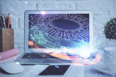 Arka planda kişisel bilgisayarı ve teknik tema çizimi olan iki kat masaüstü görüntüsü. Büyük Veri Kavramı.