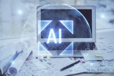 Masaüstü bilgisayarı ve teknoloji temalı holograma çift pozlama. Yazılım geliştirme kavramı.