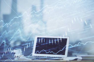 Bilgisayar geçmişi olan eski grafik hologramı. Çoklu maruz kalma. Finans piyasası kavramı.