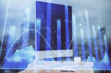 Eski pazar grafiği hologramı ve kişisel bilgisayar geçmişi. Çoklu maruz kalma. Yatırım kavramı.