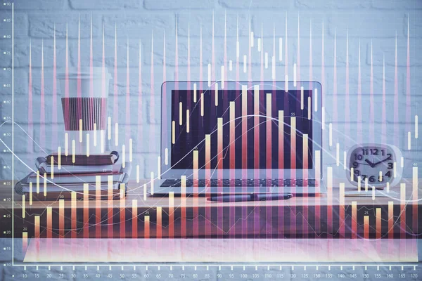 Financial market graph hologram and personal computer on background. Double exposure. Concept of forex. — Stock Photo, Image