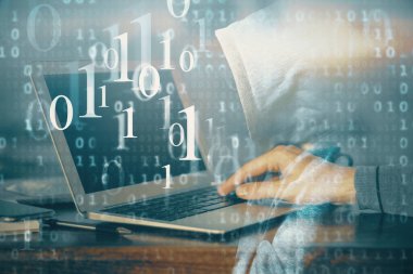 Teknoloji temalı dizüstü bilgisayarda çalışan bir adam. Büyük veri kavramı. Çift pozlama.