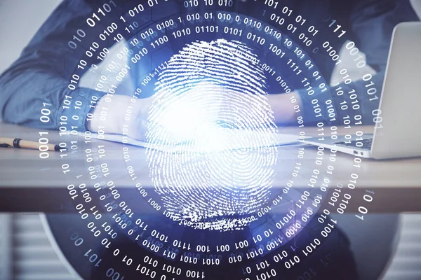 Konzept für die Zukunft der Sicherheit und Passwortkontrolle durch fortschrittliche Technologie. Der Fingerabdruck-Scan ermöglicht einen sicheren Zugriff mit biometrischer Identifizierung. Mehrfachbelichtung. — Stockfoto