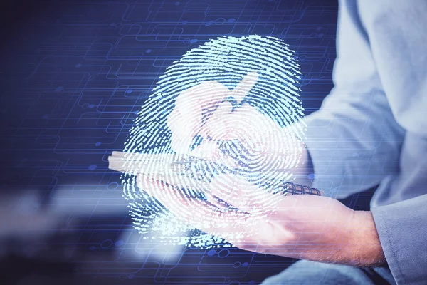 Konzept für die Zukunft der Sicherheit und Passwortkontrolle durch fortschrittliche Technologie. Der Fingerabdruck-Scan ermöglicht einen sicheren Zugriff mit biometrischer Identifizierung. Mehrfachbelichtung. — Stockfoto