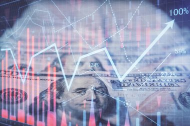 Önx grafiğinin arka plandaki dolarları iki katına çıkarması. Finans piyasası kavramı.