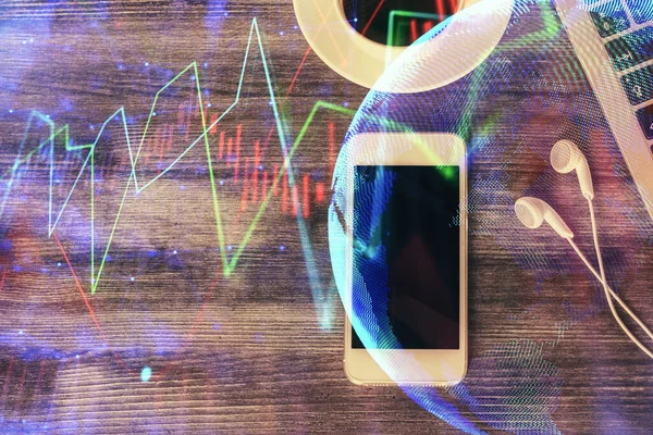 Double exposure of forex chart hologram over desktop with phone. Top view. Mobile trade platform concept. — Stock Photo, Image