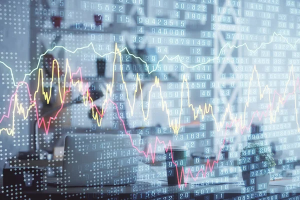 株式市場のグラフ描画とオフィスの内部背景の二重露光。金融分析の概念. — ストック写真