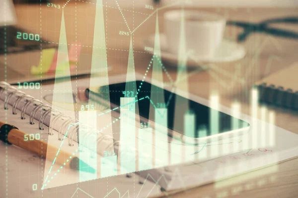 Doble exposición del dibujo gráfico de divisas y el fondo del teléfono celular. Concepto de análisis de datos financieros —  Fotos de Stock