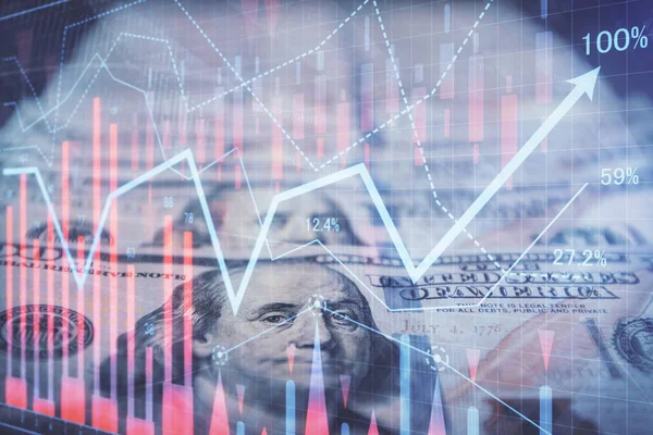 Önx grafiğinin arka plandaki dolarları iki katına çıkarması. Finans piyasası kavramı.