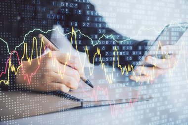 Ön x grafik çizimine çift pozlama hologram ve cep telefonu kullanan bir kadın. Borsa konsepti.