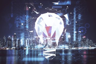 Ampul hologram çizimine ve şehir manzarasına çoklu maruz kalma. Fikir kavramı.