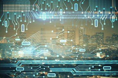 Veri temalı hologram gökdelenler arka planda çoklu pozlama ile şehir görünümüne çizim yapıyor. Ai kavramı.