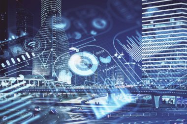 Teknoloji temalı hologramın ve şehrin arka planının iki katına çıkarılması. Yüksek Teknoloji kavramı.