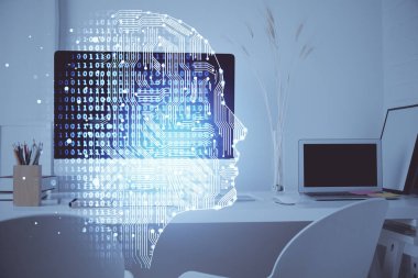 Bilgisayar ve insan beyninin hologram çizdiği çalışma alanının iki katına çıkarılması. Beyin fırtınası konsepti.