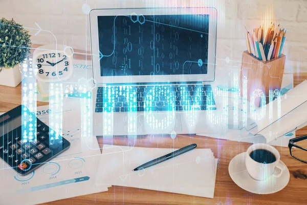 Multi exposure of desktop with computer on background and tech theme drawing. Concept of big data. — Stock Photo, Image