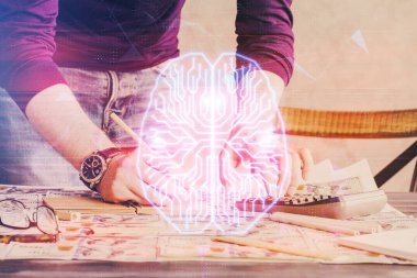 Haman beyin çift pozlama simgesi erkek eli arka planı.