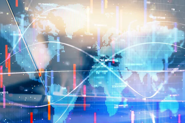 İş teması simgelerinin çoklu pozlandırılması ve bilgisayar geçmişi olan masa. Başarı kavramı.