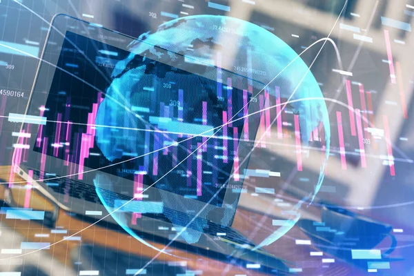 Financiële grafiek kleurrijke tekening en tabel met computer op de achtergrond. Dubbele belichting. Begrip internationale markten. — Stockfoto
