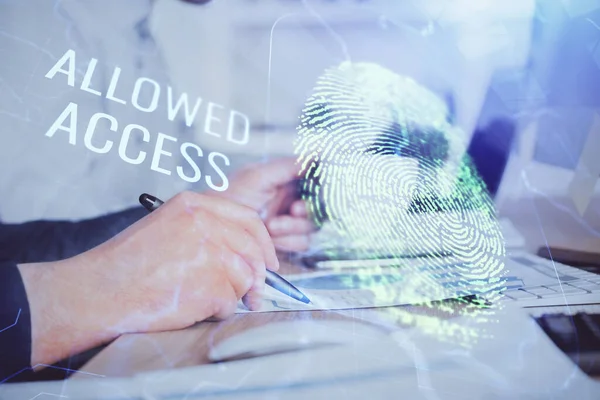 Begreppet framtiden för säkerhet och lösenordskontroll genom avancerad teknik. Fingeravtrycksläsning ger säker åtkomst med biometrisk identifiering. Multiexponering. — Stockfoto