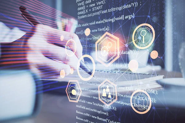 Teknoloji ve dijital kodlama simgeleriyle arka planda kadınların birden fazla pozu. Veri geliştirme kavramı.