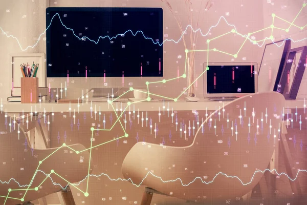 Doppia esposizione del grafico del mercato azionario e sfondo interno dell'ufficio. Concetto di analisi finanziaria. — Foto Stock