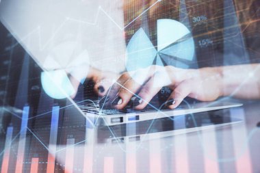 Bilgisayarda ve ön x grafik hologram çiziminde kadın eli yazarken çift pozlama. Borsa yatırım kavramı.