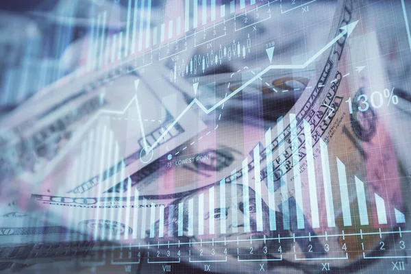 Önx grafiğinin arka plandaki dolarları iki katına çıkarması. Finans piyasası kavramı.