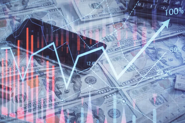 Önx grafiğinin arka plandaki dolarları iki katına çıkarması. Finans piyasası kavramı.
