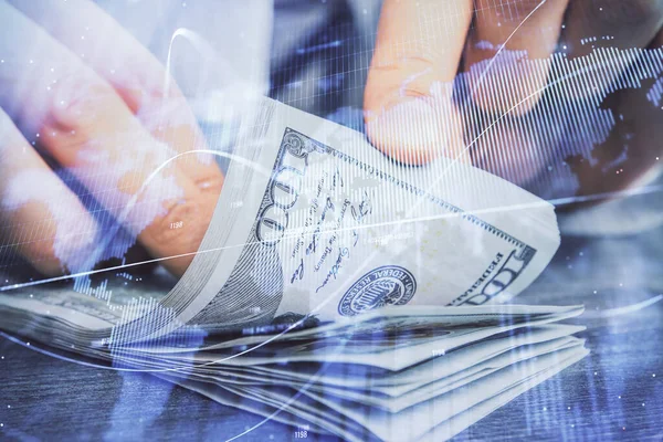 Multi blootstelling van forex grafiek tekenen hologram en Amerikaanse dollars biljetten en man handen. Technisch analyseconcept. — Stockfoto