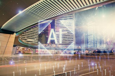 Veri temalı hologram gökdelenlerin arka planında çift pozlama ile şehir görünümüne çizim yapıyor. Ai kavramı.