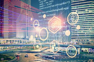 Veri temalı hologram gökdelenler arka planda çoklu pozlama ile şehir görünümüne çizim yapıyor. Ai kavramı.