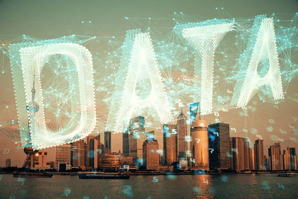 Data theme hologram drawing on city view with skyscrapers background double exposure. Technology concept. — Stock Photo, Image