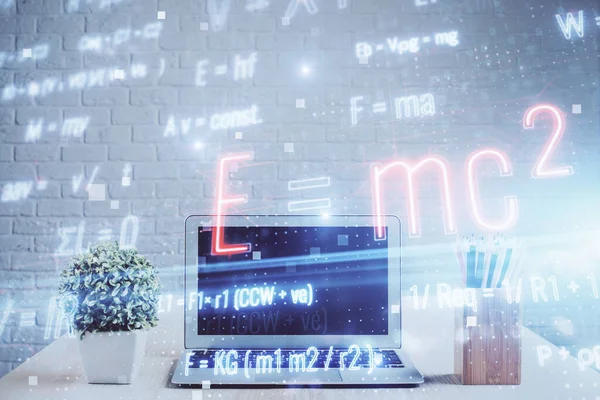 Desktop computer background and formula hologram writing. Double exposure. Education concept. — Stock Photo, Image