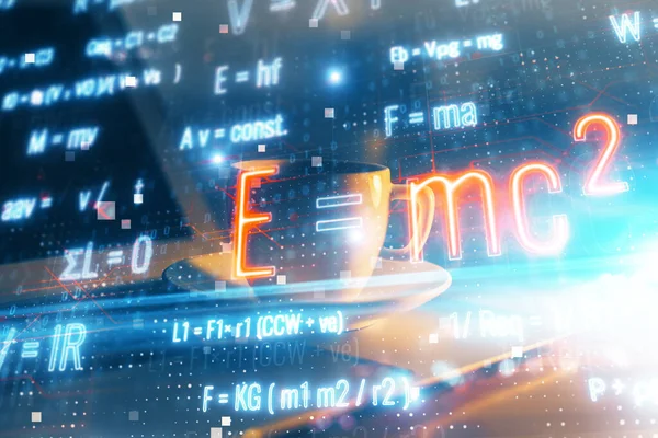 Desktop computer background and formula hologram writing. Double exposure. Education concept. — Stock Photo, Image