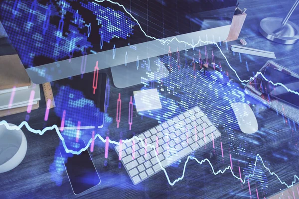 Grafik ve finansal bilgilere çifte maruz kalma ve bilgisayar geçmişi olan çalışma alanı. Uluslararası çevrimiçi ticaret kavramı.