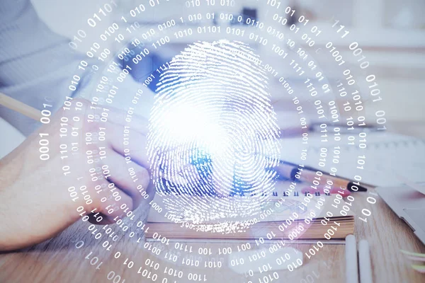 Concept of the future of security and password control through advanced technology. Fingerprint scan provides safe access with biometrics identification. Multi exposure.
