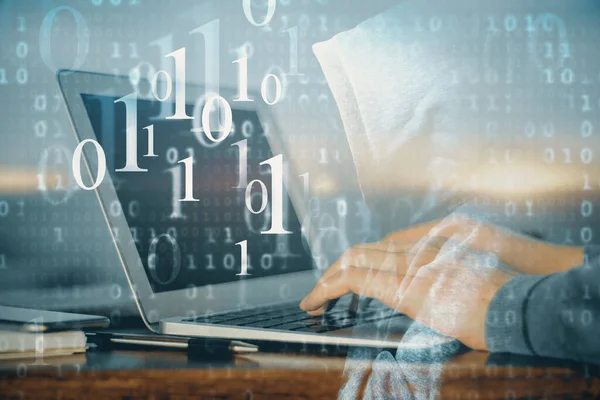 Ein Mann arbeitet an einem Laptop mit Technologie-Thema Zeichnung. Konzept von Big Data. Doppelbelastung. — Stockfoto