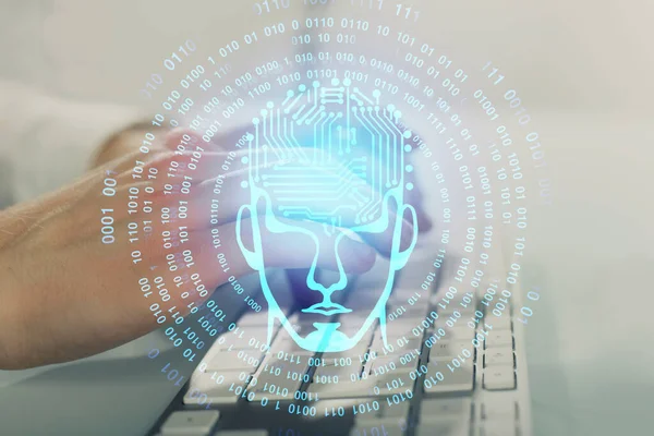 Hombre con antecedentes informáticos con holograma de tema cerebral. Concepto de tormenta de ideas. Doble exposición. —  Fotos de Stock