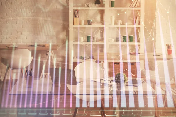 Finansal grafik çizimine ve ofis içi arka planına çifte maruz kalma. Borsa konsepti.