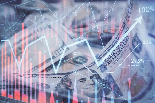 Önx grafiğinin arka plandaki dolarları iki katına çıkarması. Finans piyasası kavramı.