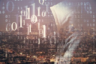 Veri temalı hologram gökdelenlerin arka planında çift pozlama ile şehir görünümüne çizim yapıyor. Ai kavramı.