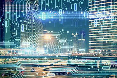 Veri temalı hologram gökdelenler arka planda çoklu pozlama ile şehir görünümüne çizim yapıyor. Ai kavramı.