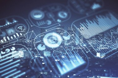 Teknoloji temalı hologramın ve şehrin arka planının iki katına çıkarılması. Yüksek Teknoloji kavramı.