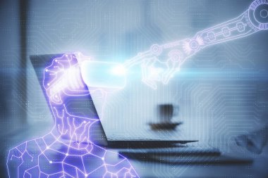 AR tema simgesi olan bilgisayar masaüstünde. Çoklu maruz kalma. Artırılmış gerçeklik kavramı.