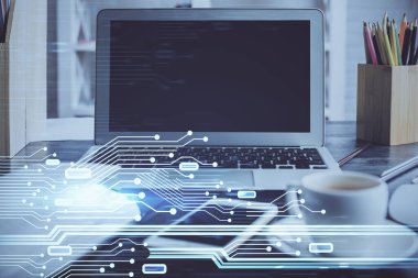 Arka planda kişisel bilgisayarı ve teknik tema çizimi olan iki kat masaüstü görüntüsü. Veri analizi kavramı.