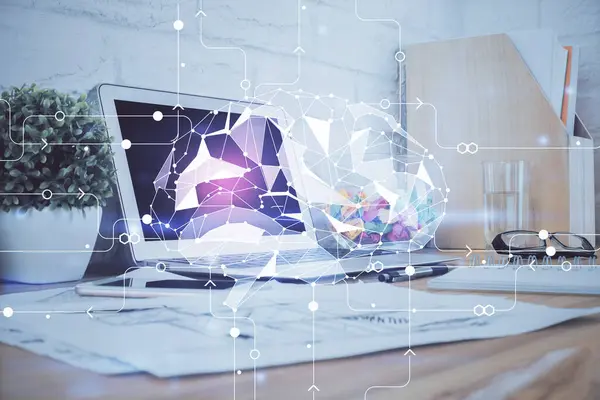 Double exposure of work space with computer and human brain drawing hologram. Brainstorm concept. — Stock Photo, Image