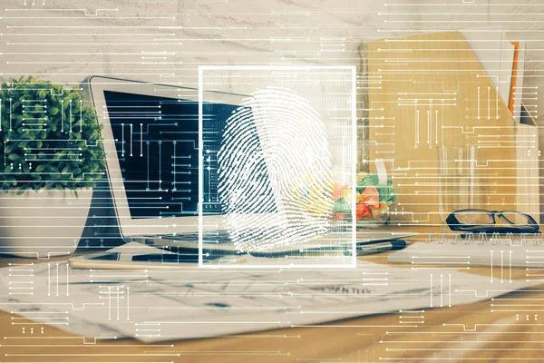 Ordenador en el escritorio en la oficina con dibujo de huellas digitales. Doble exposición. Concepto de seguridad de los datos empresariales. —  Fotos de Stock