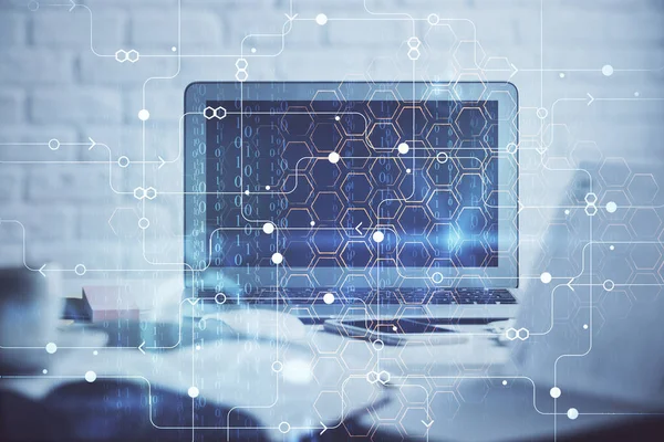 Masaüstü bilgisayar ve teknoloji temalı holograma çoklu maruz kalma. Yazılım geliştirme kavramı.